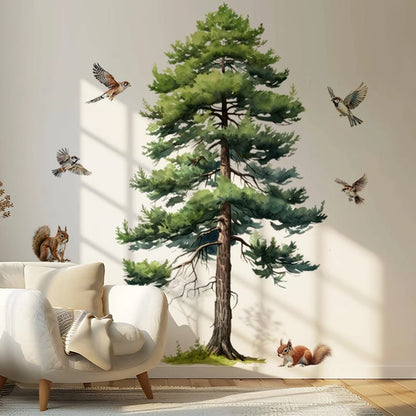 Big Pine Tree Vinyl Wall Stickers for Home Decoration Aesthetic Rooms Porch Fawn Squirrels Flying Birds Forest View Wallpaper-HomeDecorDecals_com