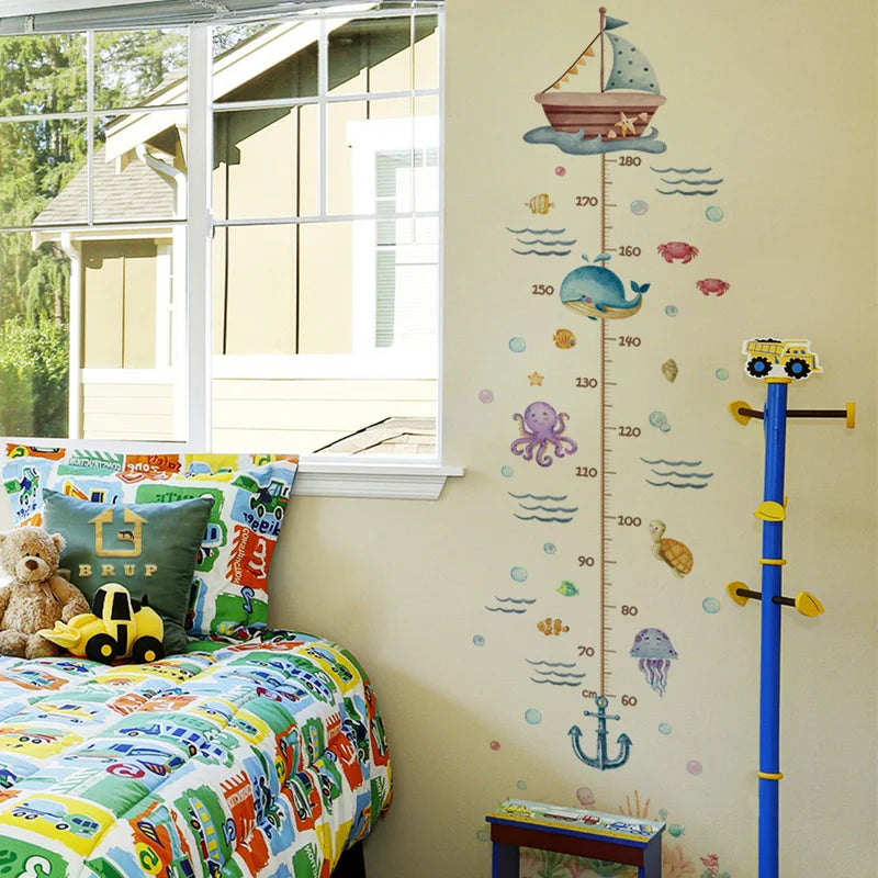 Cartoon Ocean Animal Growth Chart - Whale Dolphin Removable Height Ruler Sticker, Kids Room Marine Decor Wall Art Decals-HomeDecorDecals_com