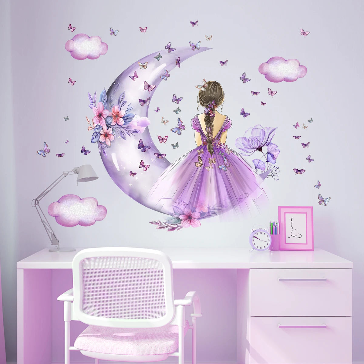 2Pcs Girl Cloud Moon Butterflies Wall Stickers Kids Girls Room Bedroom Decoration Home Decor Accessories Living Room Wall Decals-HomeDecorDecals_com