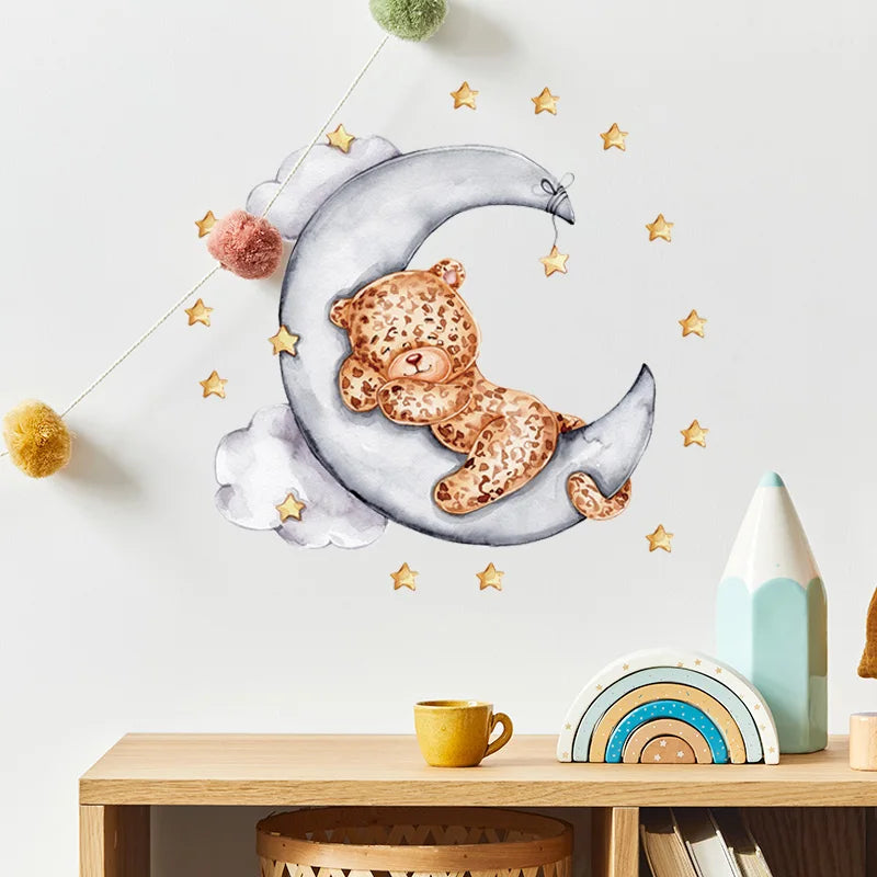 Cartoon Grey Baby Elephant Moon Gold Stars Wall Stickers for Kids Room Decor Nurserry Wall Decals Girl Boy Room Decorative-HomeDecorDecals_com
