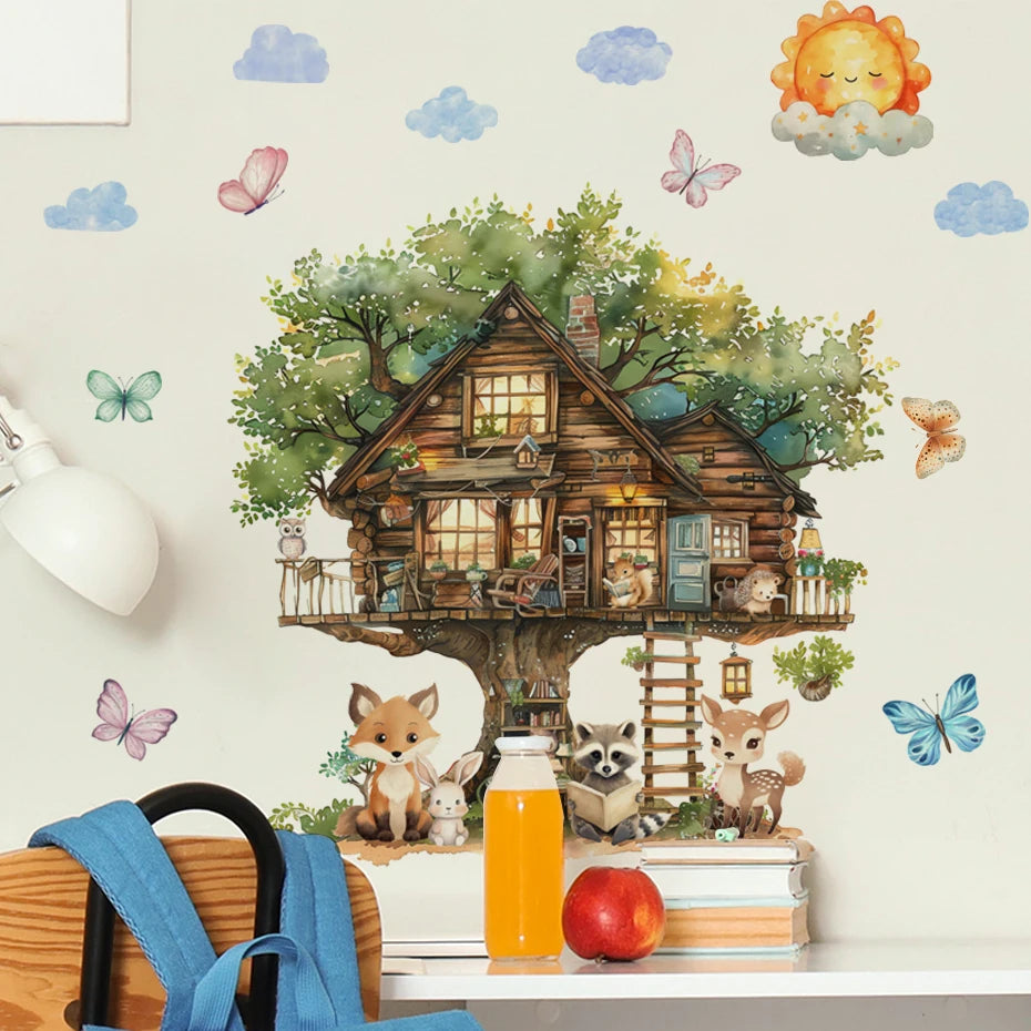 Animals reading in the fairytale tree house Wall Sticker Vinyl Baby Nursery Art Decals for Kids Room Home Decor-HomeDecorDecals_com