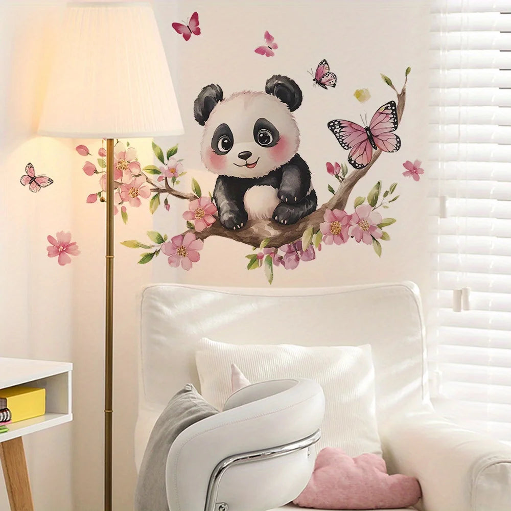 1pc Panda Cherry Blossom Wall Sticker PVC Self-adhesive Wall Sticker Bedroom Living Room Beautification Decoration Wall Sticker-HomeDecorDecals_com