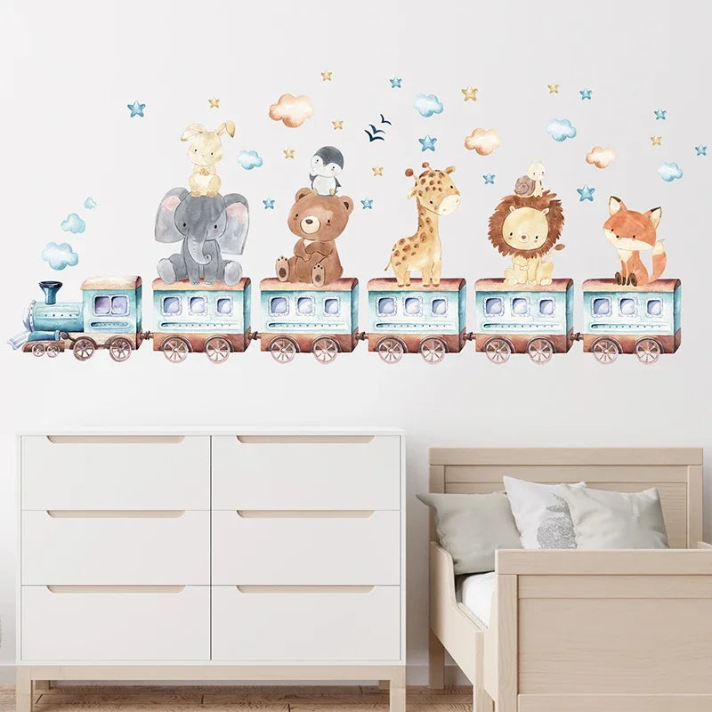 Watercolor Cartoon Animals on the Train Bear Elephant Giraffe Wall Stickers for Kids Room Baby Nursery Room Bedroom Wall Decals-HomeDecorDecals_com