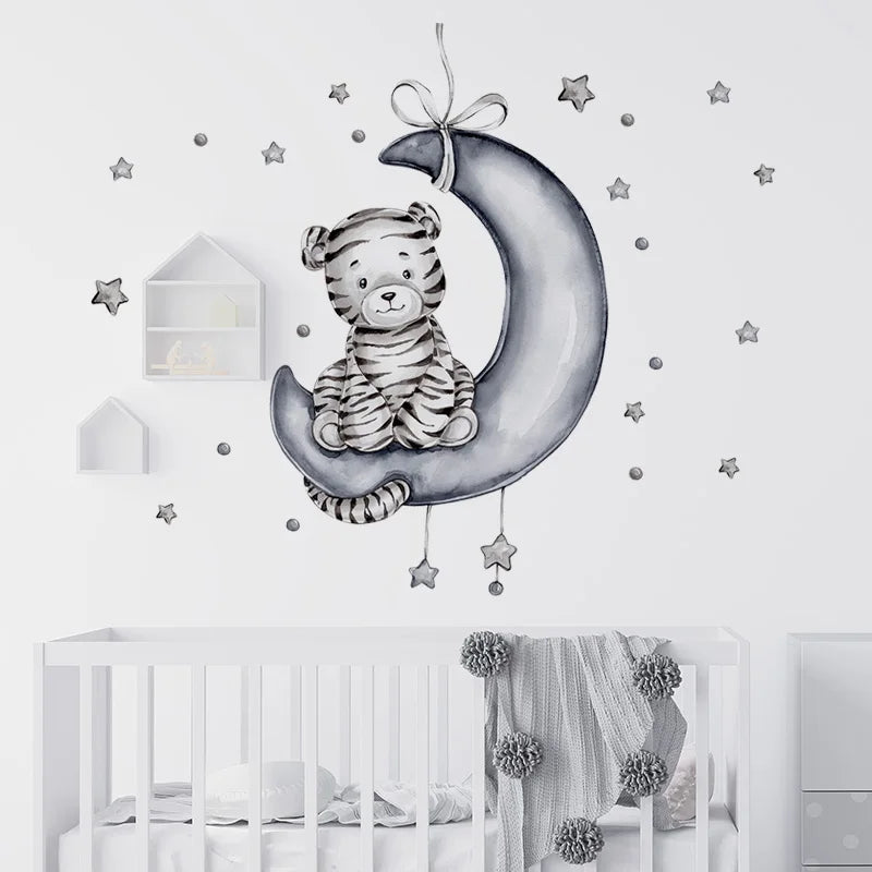 Cartoon Grey Baby Elephant Moon Gold Stars Wall Stickers for Kids Room Decor Nurserry Wall Decals Girl Boy Room Decorative-HomeDecorDecals_com