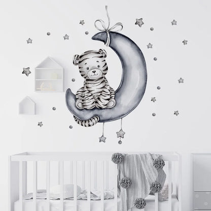 Cartoon Grey Baby Elephant Moon Gold Stars Wall Stickers for Kids Room Decor Nurserry Wall Decals Girl Boy Room Decorative-HomeDecorDecals_com