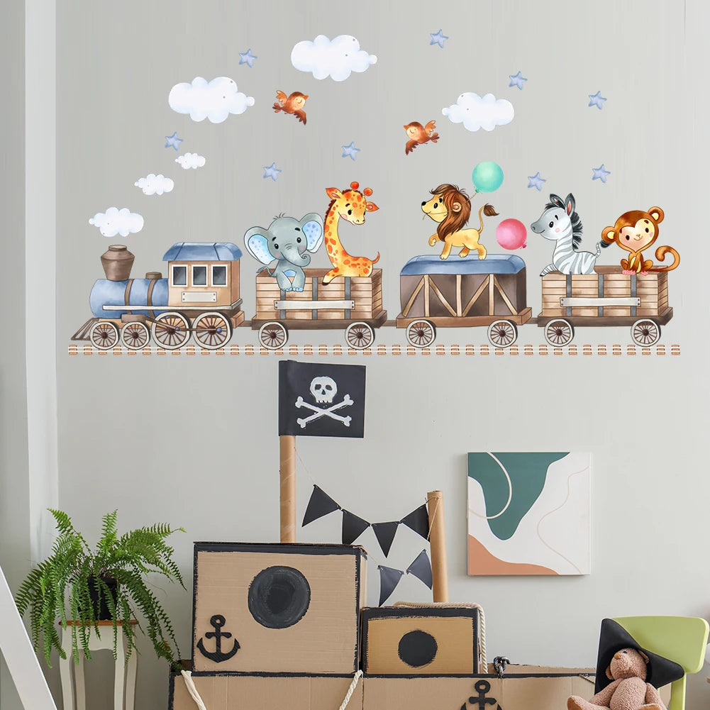 Cartoon Animals Riding On Small Trains Wall Stickers With Movable Stickers For Decorating Posters And Murals In Children's Roo-HomeDecorDecals_com