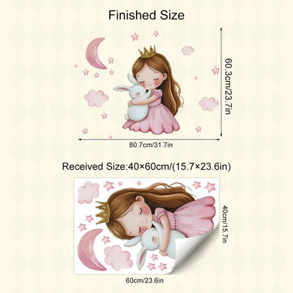 Cute Cartoon Girl Hugging Rabbit Wall Sticker Nursery Kids Room Decor Removable Self-Adhesive Home Art Decal-HomeDecorDecals_com