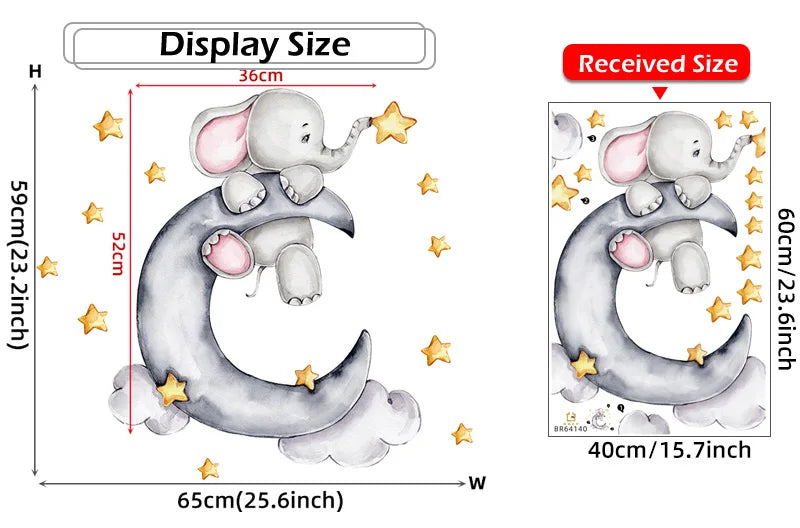 Cartoon Grey Baby Elephant Moon Gold Stars Wall Stickers for Kids Room Decor Nurserry Wall Decals Girl Boy Room Decorative-HomeDecorDecals_com