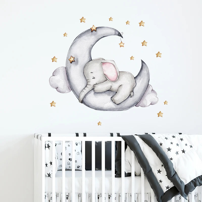 Cartoon Grey Baby Elephant Moon Gold Stars Wall Stickers for Kids Room Decor Nurserry Wall Decals Girl Boy Room Decorative-HomeDecorDecals_com