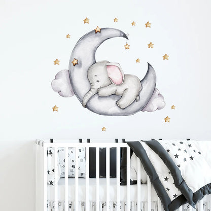 Cartoon Grey Baby Elephant Moon Gold Stars Wall Stickers for Kids Room Decor Nurserry Wall Decals Girl Boy Room Decorative-HomeDecorDecals_com