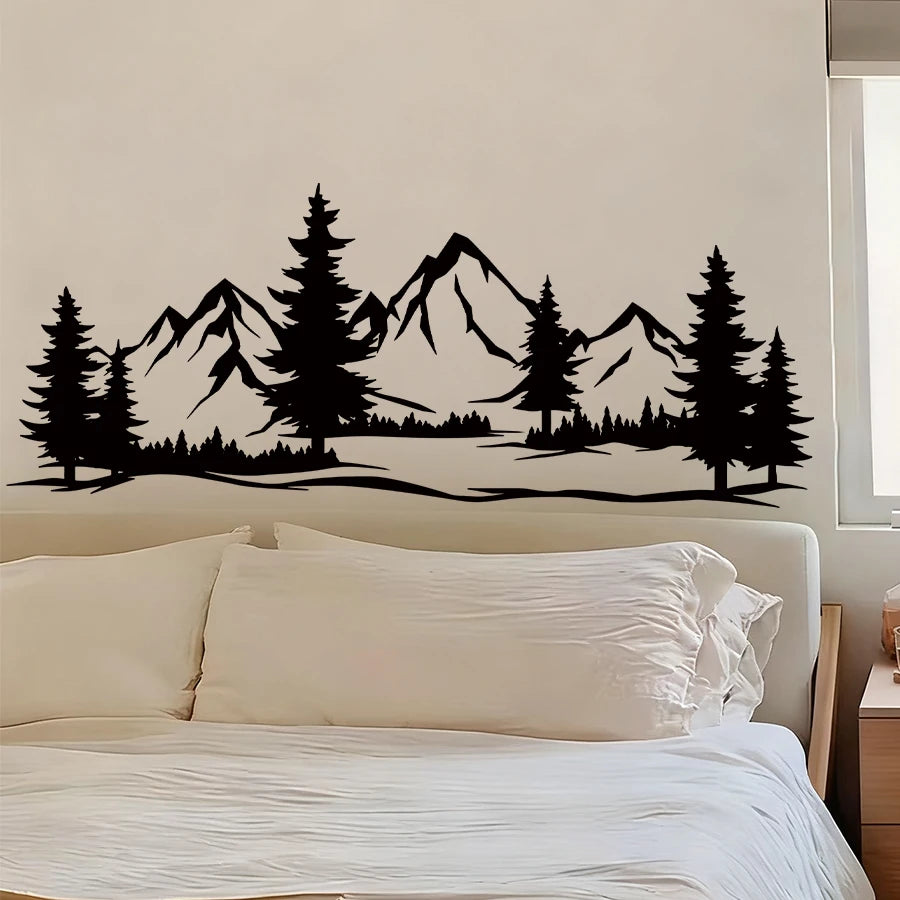 Black Mountain Pine Tree Wall Sticker, Scandinavian Silhouette Decal, Removable Nature Theme Art For Bedroom Living Room-HomeDecorDecals_com