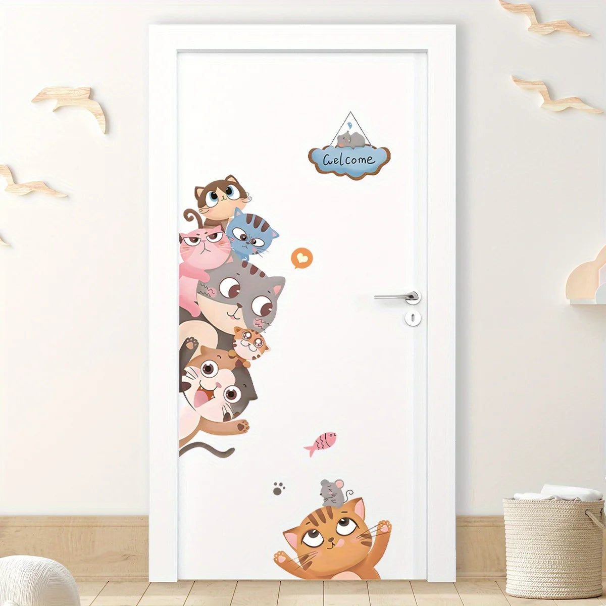 Cute Cat Smiling Face Peeking Animal Door Decal | Home Decor removable peel and stick wall decal by HomeDecorDecals.