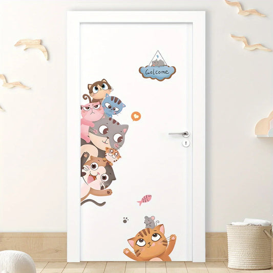 Cute Cat Smiling Face Peeking Animal Door Decal | Home Decor removable peel and stick wall decal by HomeDecorDecals.
