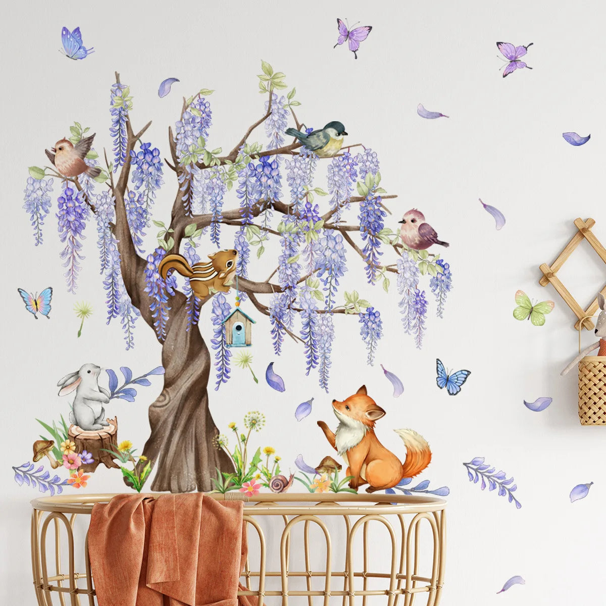 Under the Wisteria Tree Cartoon Animal Wall Stickers Rabbit Fox Butterfly Wall Sticker Children's Room Living Room Home Decals-HomeDecorDecals_com