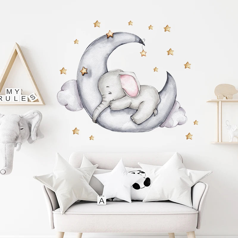 Cartoon Grey Baby Elephant Moon Gold Stars Wall Stickers for Kids Room Decor Nurserry Wall Decals Girl Boy Room Decorative-HomeDecorDecals_com