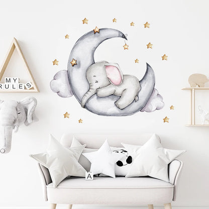 Cartoon Grey Baby Elephant Moon Gold Stars Wall Stickers for Kids Room Decor Nurserry Wall Decals Girl Boy Room Decorative-HomeDecorDecals_com