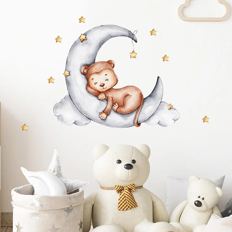 Cartoon Grey Baby Elephant Moon Gold Stars Wall Stickers for Kids Room Decor Nurserry Wall Decals Girl Boy Room Decorative-HomeDecorDecals_com