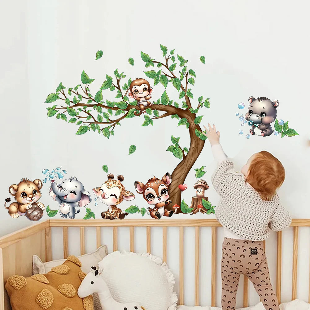 Animals Playing by the Tree Wall Stickers for Kids-HomeDecorDecals_com