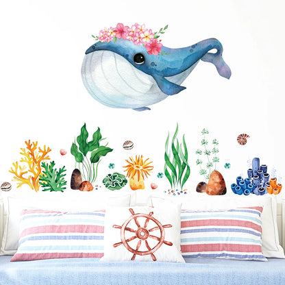 Flower Blue Whale Fish Wall Stickers Underwater Seaweeds Coral Baby Nursery Room Wall Decals for Children Bathroom Living Room-HomeDecorDecals_com