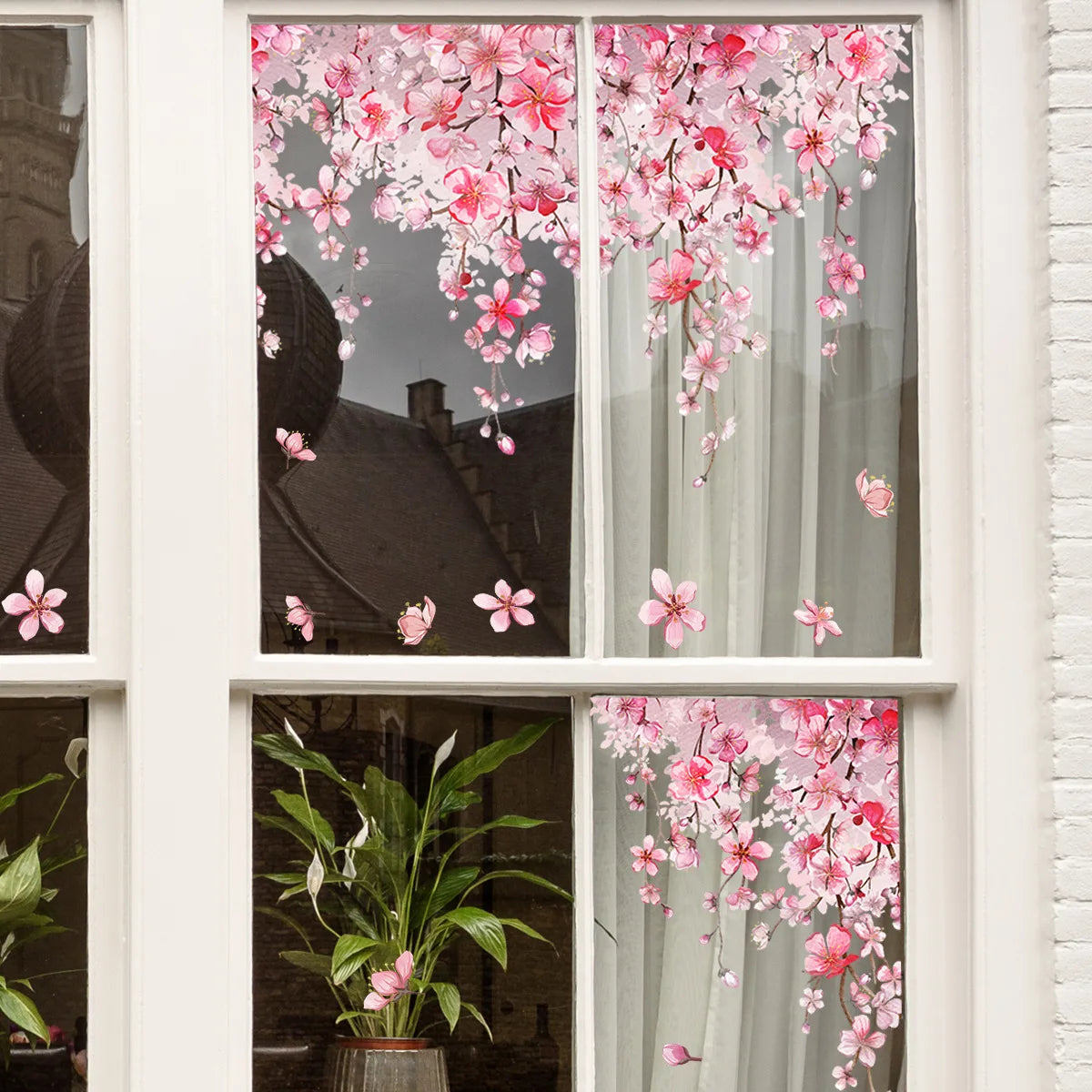 Close-up view of Pink Flower Static Window Decal | Home Decor by HomeDecorDecals.