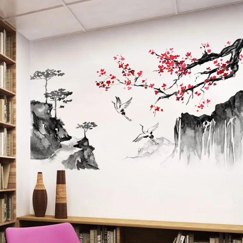 Wind Ink Landscape Painting Art Wall Stickers Crane Bedroom Living Room Home Decoration Self-adhesive Wall Decals-HomeDecorDecals_com