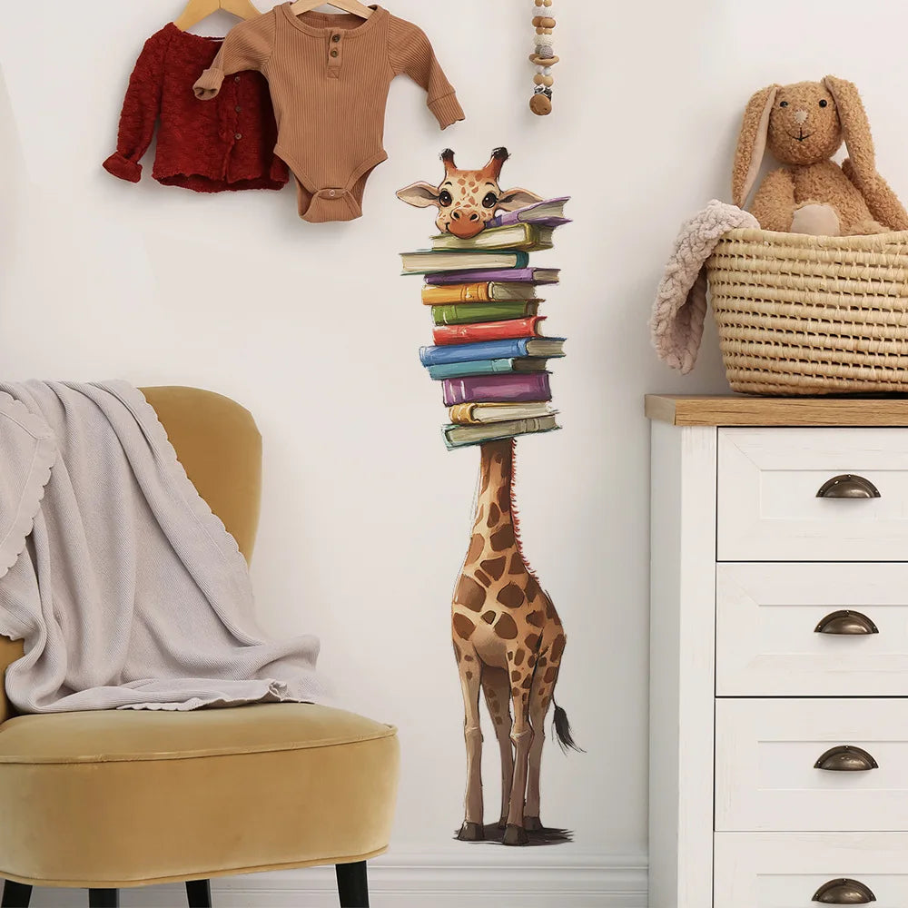 Close-up view of Cartoon Giraffe Book Wall Decal | Room Decor by HomeDecorDecals.