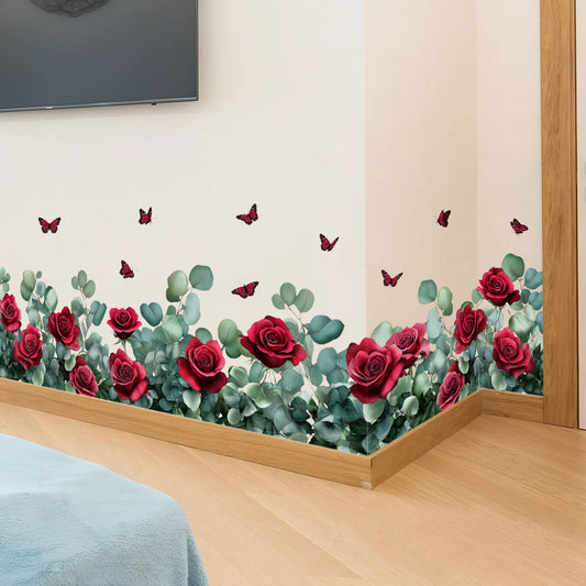 Retro Red Rose Flowers and Butterfly Wall Decal | Home Decor removable peel and stick wall decal by HomeDecorDecals.