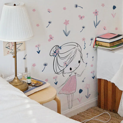Cartoon girl dandelion Wall Stickers Creative Home Wall Decor Self-adhesive Kids Room Decoration Bedroom Background Wall Decor-HomeDecorDecals_com