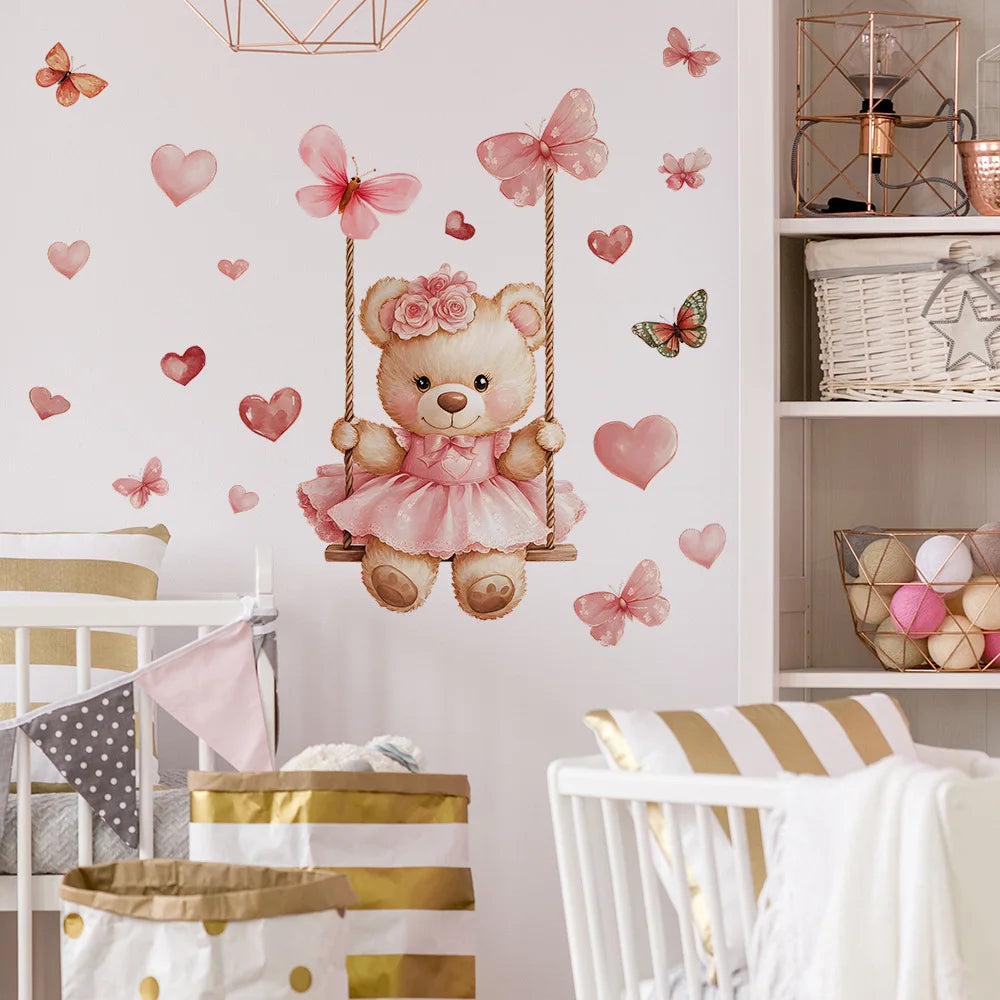 Cartoon Bear Swing Butterfly Wall Stickers Child Room Background Decoration Mural Kids Bedroom Home Decor Self-adhesive Decals-HomeDecorDecals_com