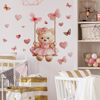 Cartoon Bear Swing Butterfly Wall Stickers Child Room Background Decoration Mural Kids Bedroom Home Decor Self-adhesive Decals-HomeDecorDecals_com