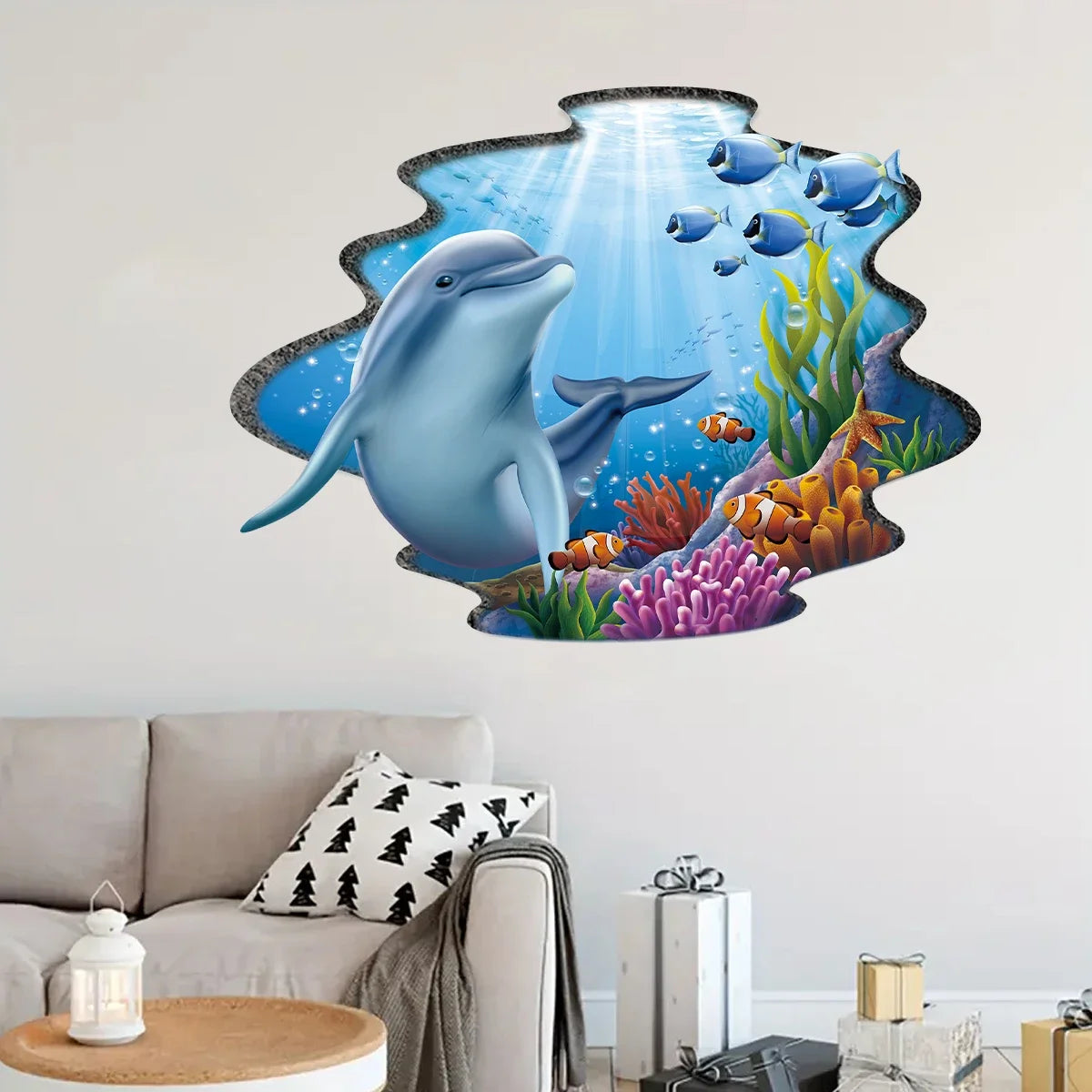 Cartoon Watercolour Marine Animal Dolphin Wall Stickers for Door Kids Room Wall Art Living Room Decoration for Bedroom Bathroom-HomeDecorDecals_com