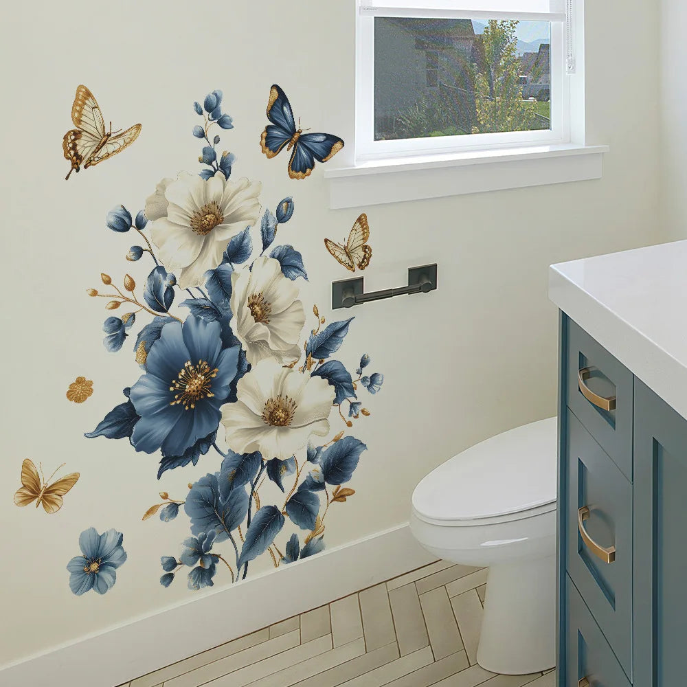 Simulated 3D Blue White Flowers Wall Decals Walls Vinyl Wall Art Decals Decor for Bedroom Living Room Decorations-HomeDecorDecals_com