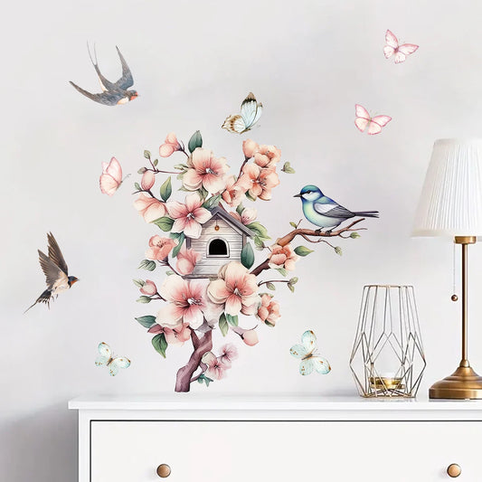 1pcs Watercolor Flowers House Cute Bird Pattern Wall Stickers for Living Room Bedroom Decoration Home Decor Wall Decals-HomeDecorDecals_com
