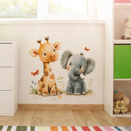 Cartoon Giraffe And Elephant Decal For Kids-HomeDecorDecals_com
