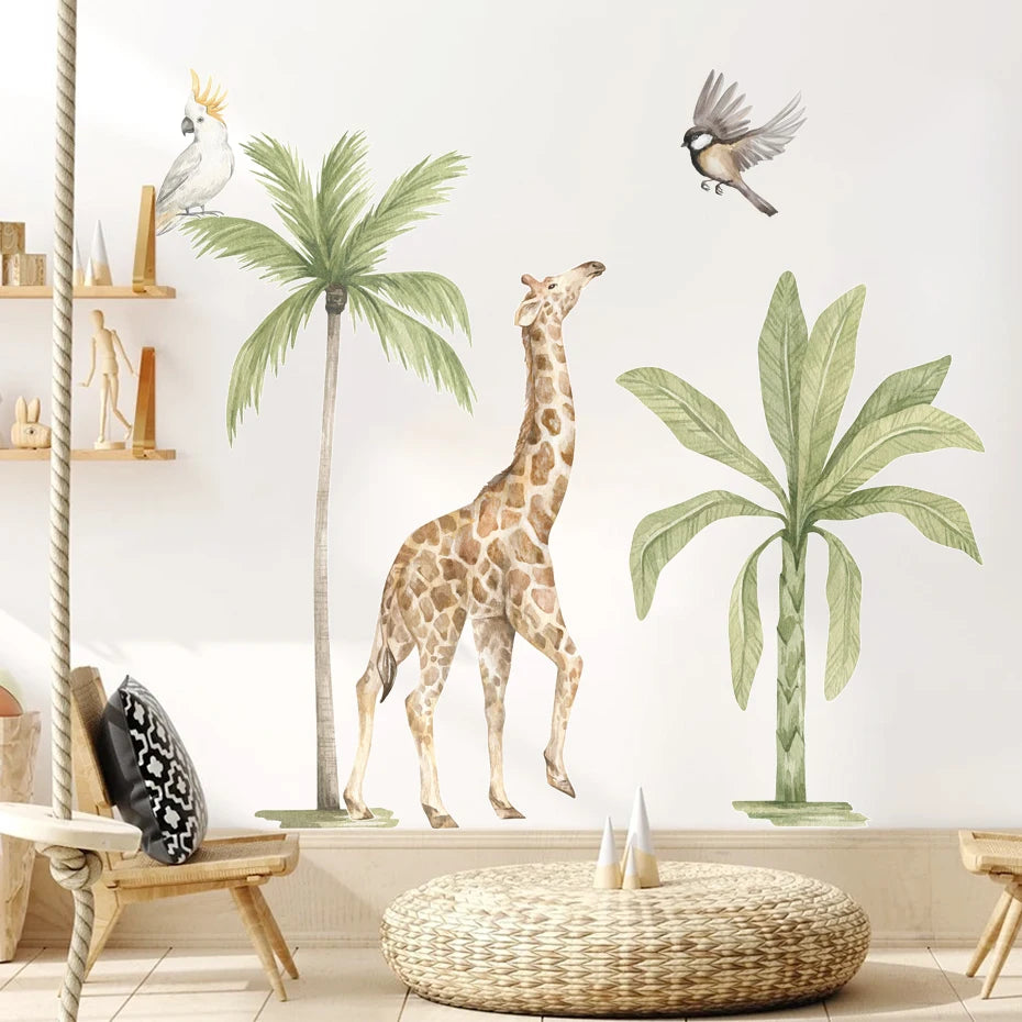 Close-up view of Large Animals Tropical Watercolour Wall Decal | Room Decor by HomeDecorDecals.