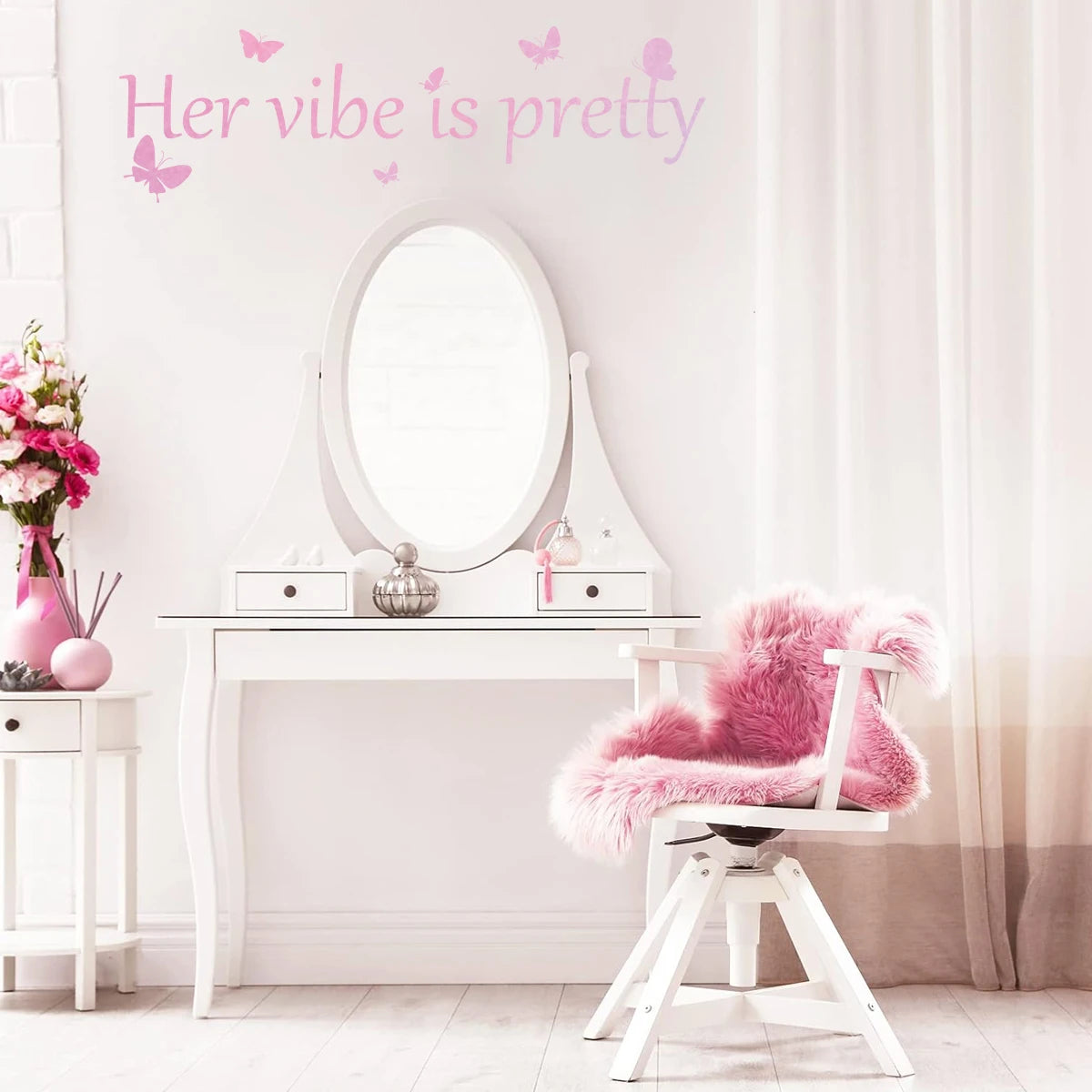 Close-up view of Pink "Her Vibe Is Pretty" Text Wall Decal | Room Decor by HomeDecorDecals.