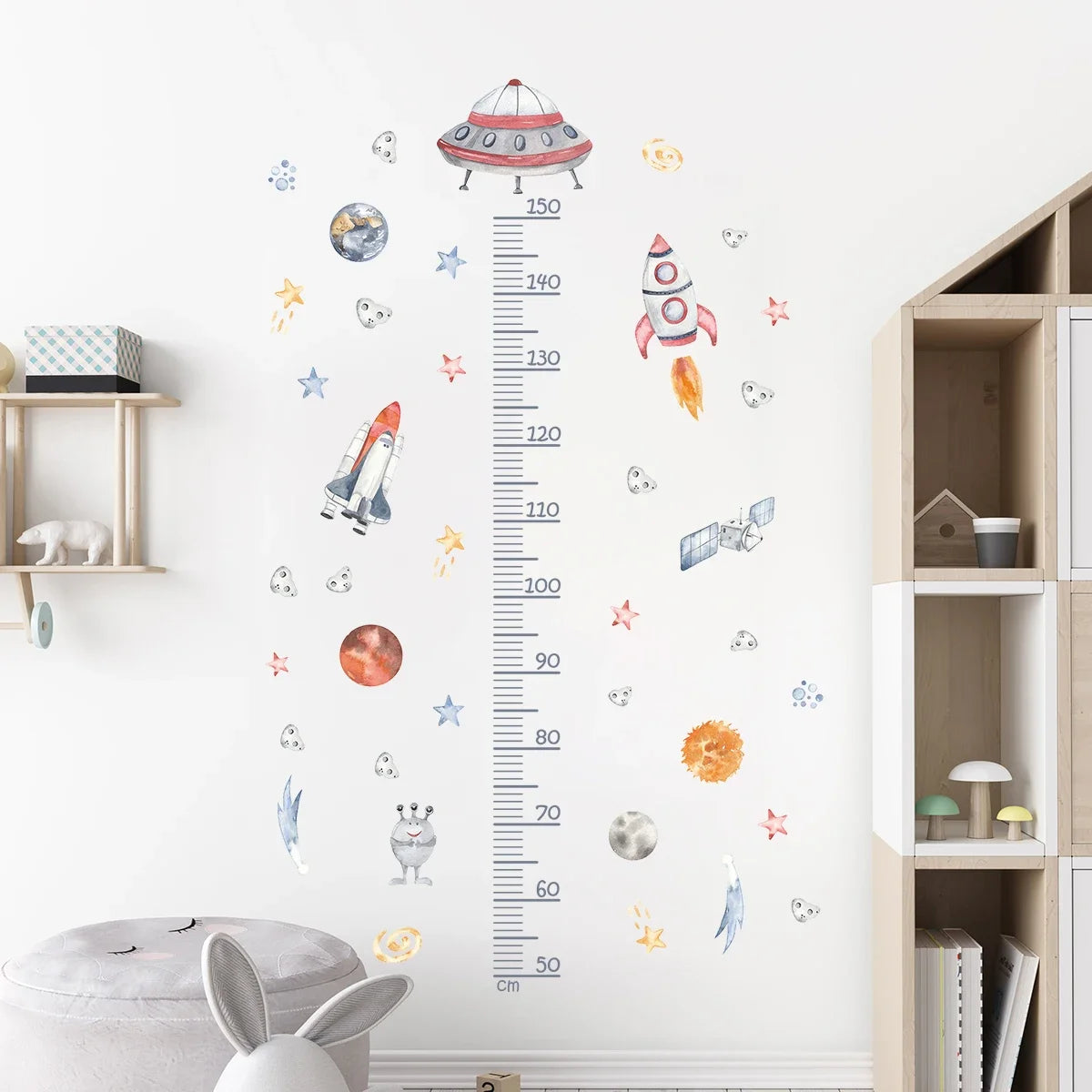 Cartoon Planet Airship Rocket Height Sticker for Wall Living Room Decoration Bedroom Kids Room Home Decor Accessories Wall Decal-HomeDecorDecals_com
