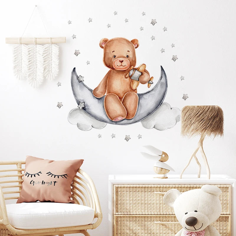 Cartoon Grey Baby Elephant Moon Gold Stars Wall Stickers for Kids Room Decor Nurserry Wall Decals Girl Boy Room Decorative-HomeDecorDecals_com