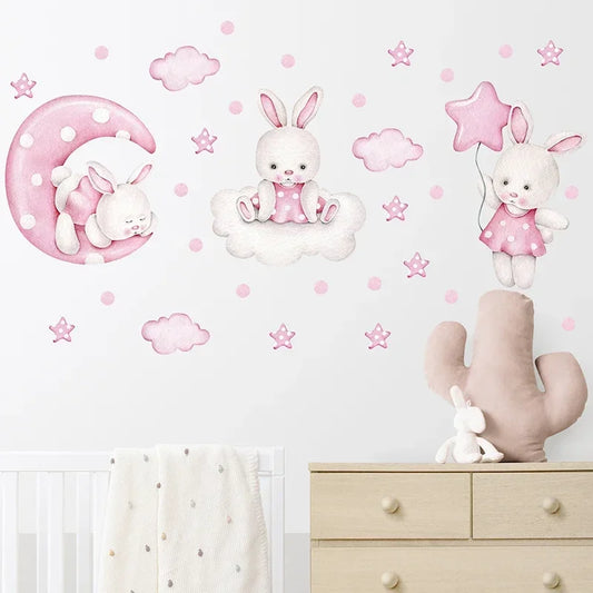 Watercolour Pink Bunny Moon Wall Sticker for Kids Room-HomeDecorDecals_com