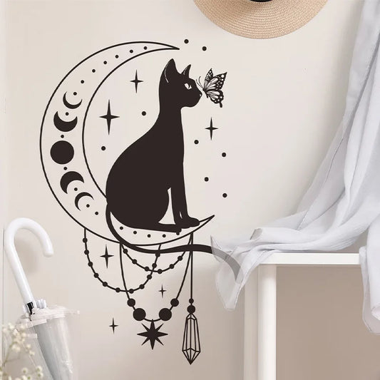 Cartoon Cat Butterfly and Moon Wall Decal | Room Decor removable peel and stick wall decal by HomeDecorDecals.