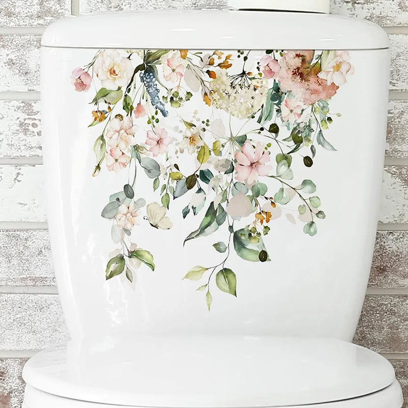 Green Plant Leaves Bathroom Toilet Sticker WC Closestool Wall Sticker Self Adhesive Mural Beautify Flower Home Decoration Decals-HomeDecorDecals_com