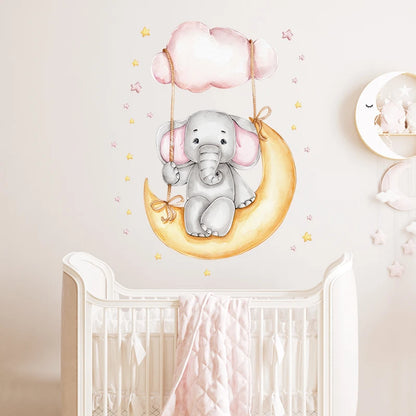 Cartoon Grey Baby Elephant Moon Gold Stars Wall Stickers for Kids Room Decor Nurserry Wall Decals Girl Boy Room Decorative-HomeDecorDecals_com
