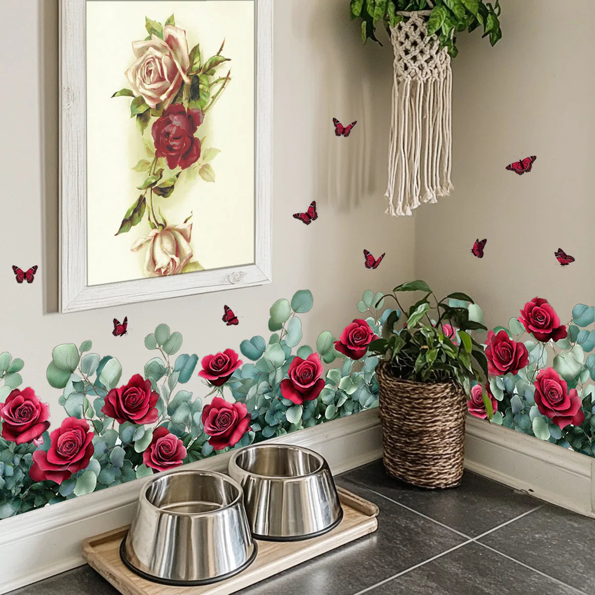 Retro Red Rose Flowers and Butterfly Wall Decal | Home Decor by HomeDecorDecals.