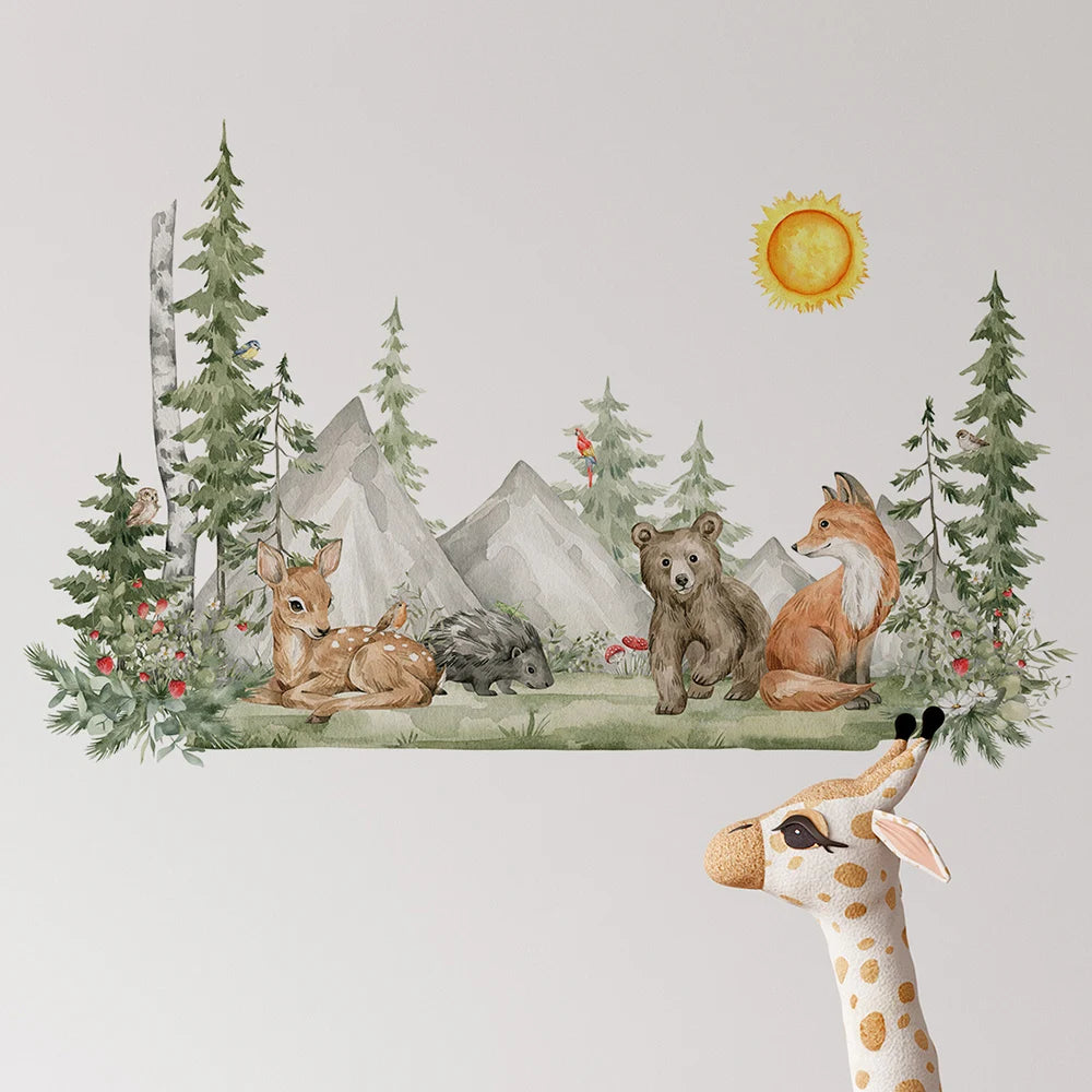 Close-up view of Hand Painted Style Animals Forest Wall Decal | Home Decor by HomeDecorDecals.
