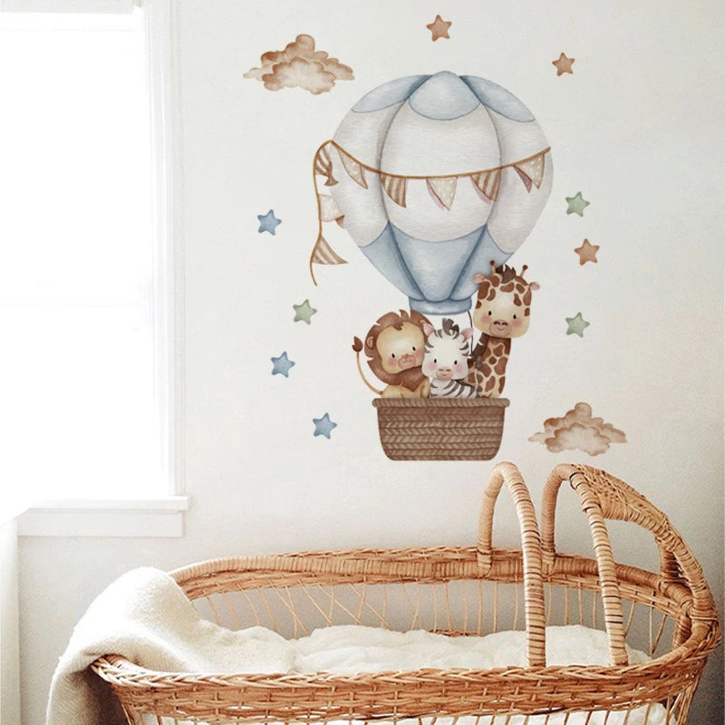Watercolour giraffe Hot Air Balloon Wall Stickers for Baby Nursery Room Decals Baby Girls Bears Cartoon Animals Kids Stickers-HomeDecorDecals_com
