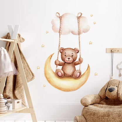 Cartoon Brown Bear Swing on the Moon Wall Stickers Baby Nursery Hand Paint Wall Decals Animals Decorative Stickers Home Decor-HomeDecorDecals_com