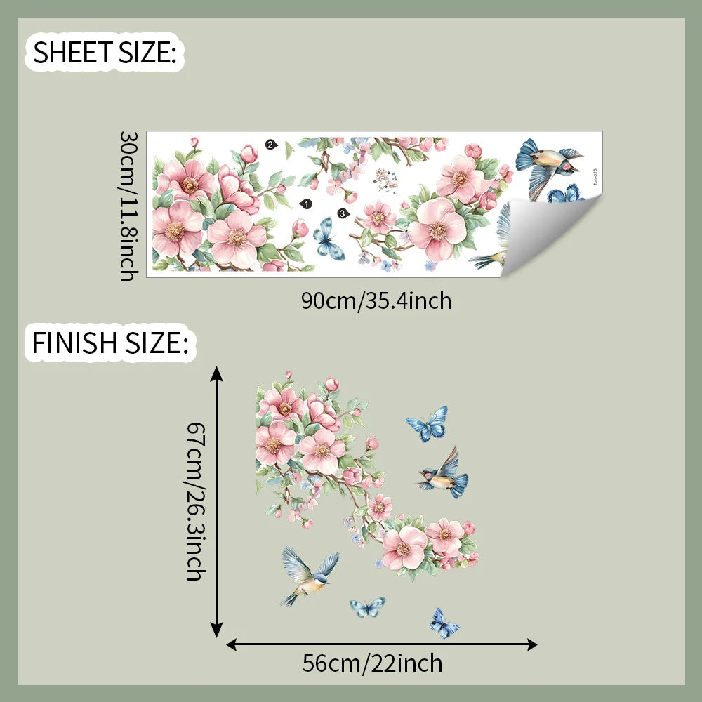 1PCS Watercolor Peach Tree Branches Leaves Bird Butterfly Bedroom Living Room Home Beautify Decorative Wall Stickers-HomeDecorDecals_com