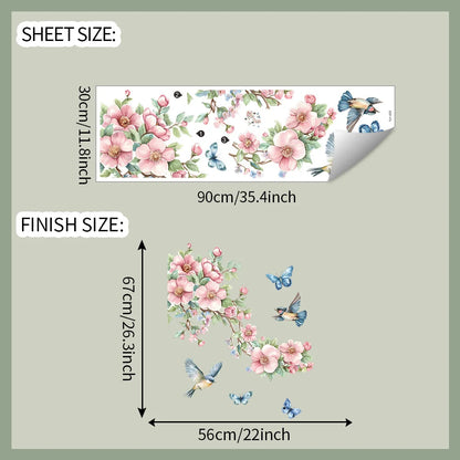 1PCS Watercolor Peach Tree Branches Leaves Bird Butterfly Bedroom Living Room Home Beautify Decorative Wall Stickers-HomeDecorDecals_com