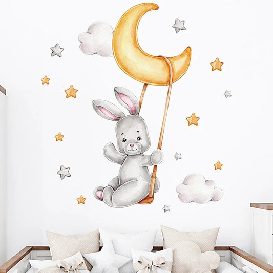 Watercolor Cute Moon Cloud Bunny Wall Stickers for Kids Room Decor Baby Nursery Room Wall Decals Bedroom Decoration Home PVC-HomeDecorDecals_com