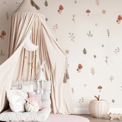 Boho Cartoon Mushroom and Leaves Wall Decal | Home Decor removable peel and stick wall decal by HomeDecorDecals.